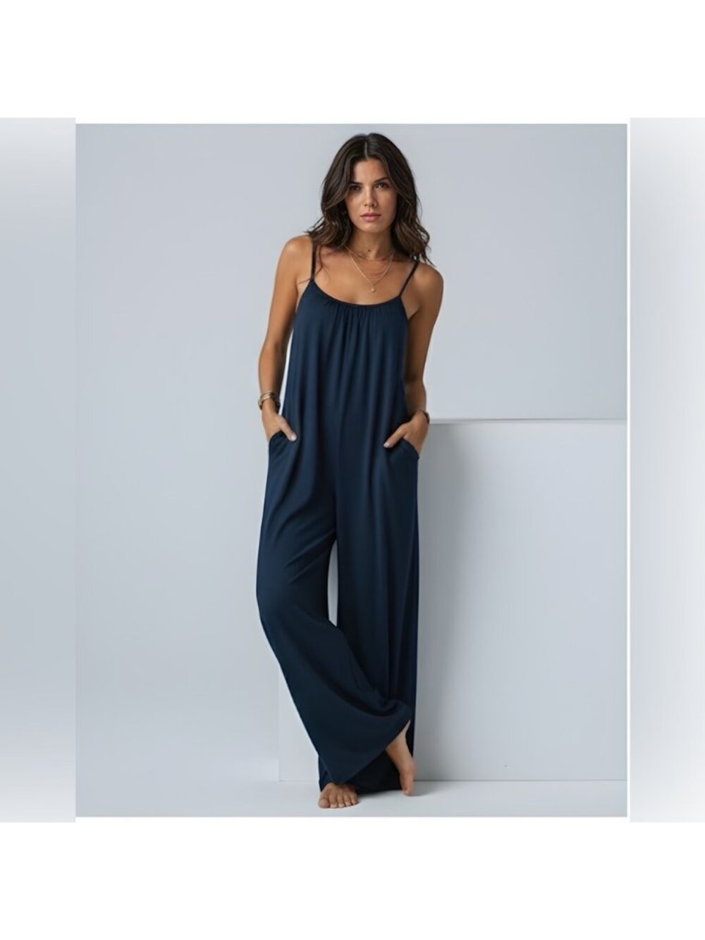 V-Neck Pleated Tank Top Wide-Leg Jumpsuit Navy